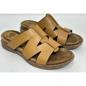 Sofft Balin Leather Slides Mules Sandals Size 8.5 Cork Footbed Luggage Tan